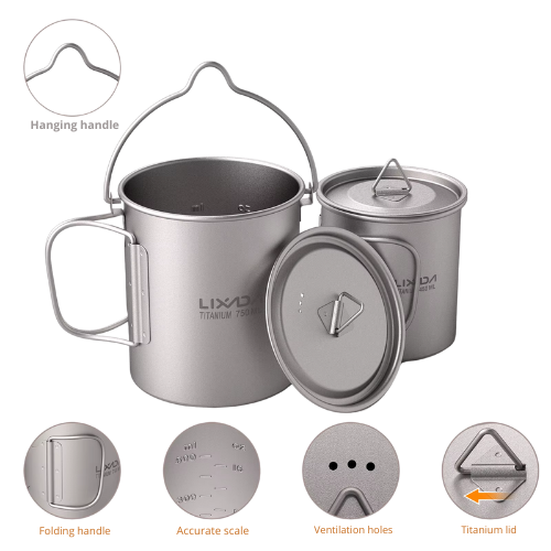Ultralight titanium cooking pot with 750ml cup